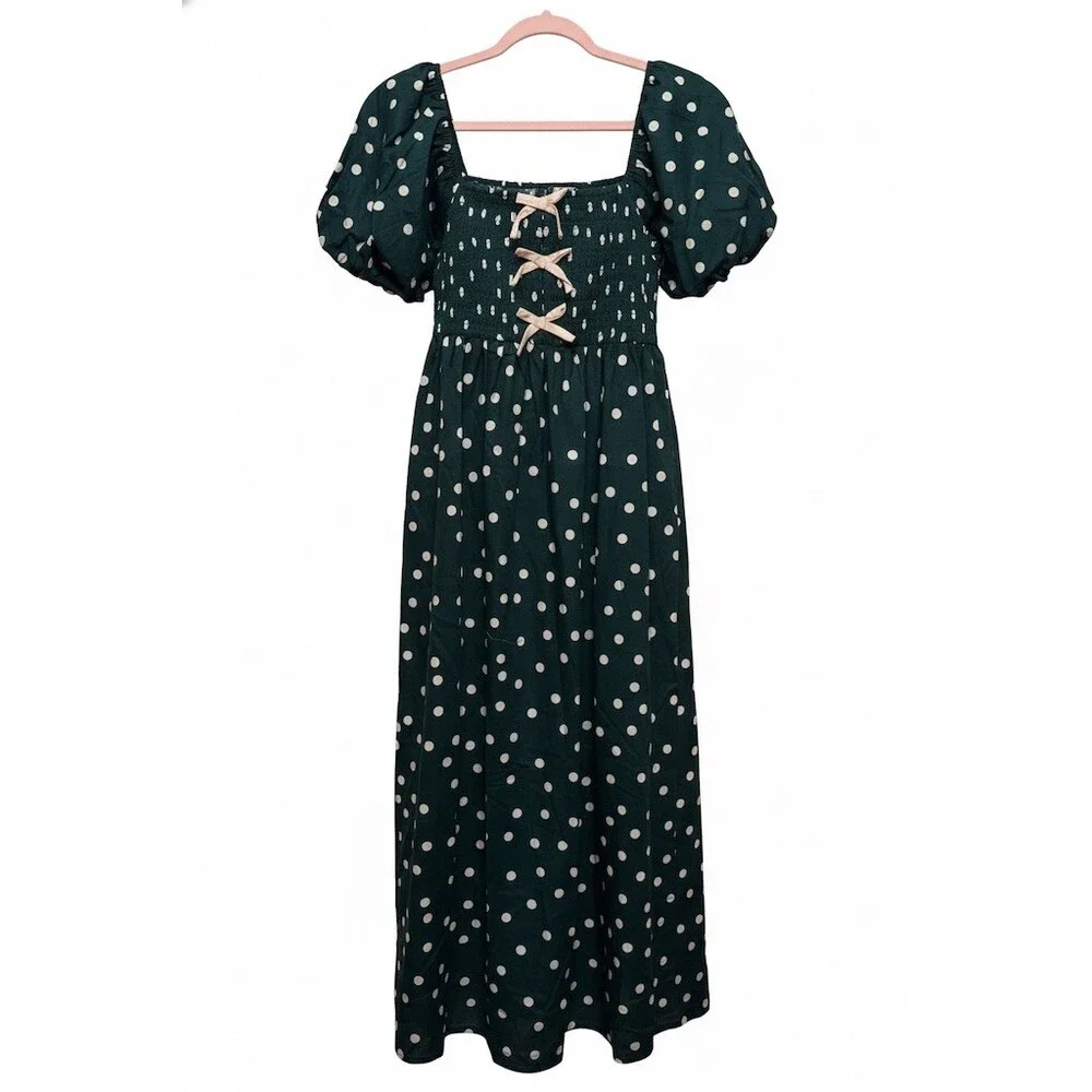 idem ditto Dress Womens Size S Dark Green Polka Dot Smocked Midi Puff - Picture 2 of 5